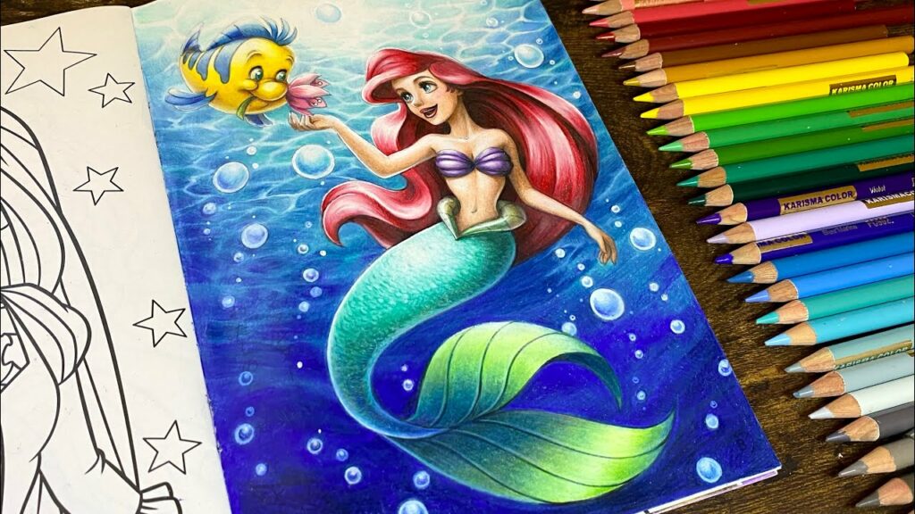 【100均ディズニー塗り絵】夏の終わりに、爽やかなアリエルを塗りました。