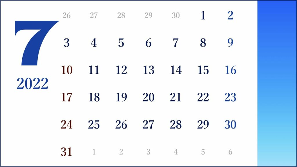 カレンダー素材2022年7月( Calendar in July 2022 )デジタルサイネージ用サイレント( SILENT Loop Movie )