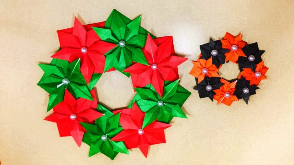 クリスマス&ハロウィン折り紙 ポインセチアの本格リースの作り方説明☆ーOrigami Christmas&Halloween Wreathー